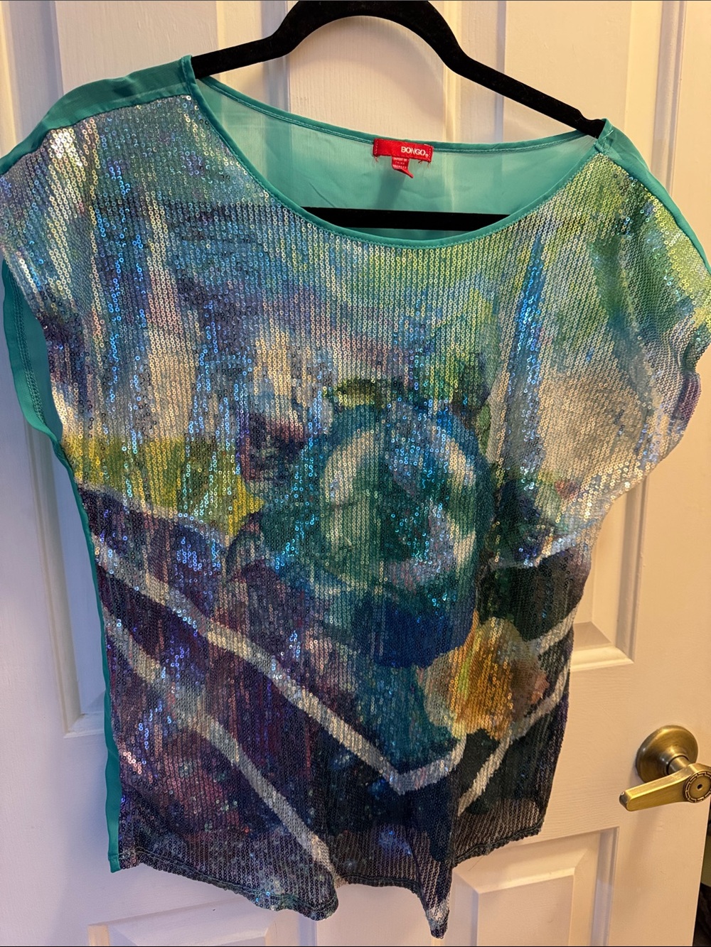BONGO Teal Multicolor Sequin Floral Blouse